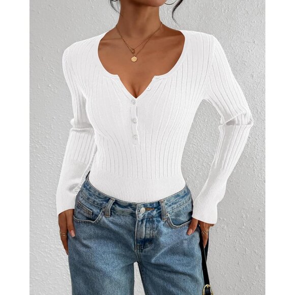 Women Fall Sweaters Henley Shirts V Neck Long Sleeve Knits Casual Office - Picture 8 of 8